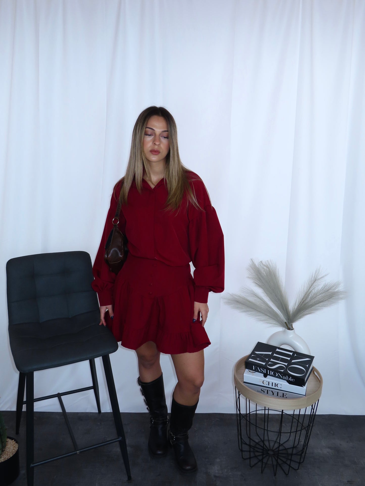 Coordinato red adorable donna camicia gonna vista frontale dettaglio vestibilità