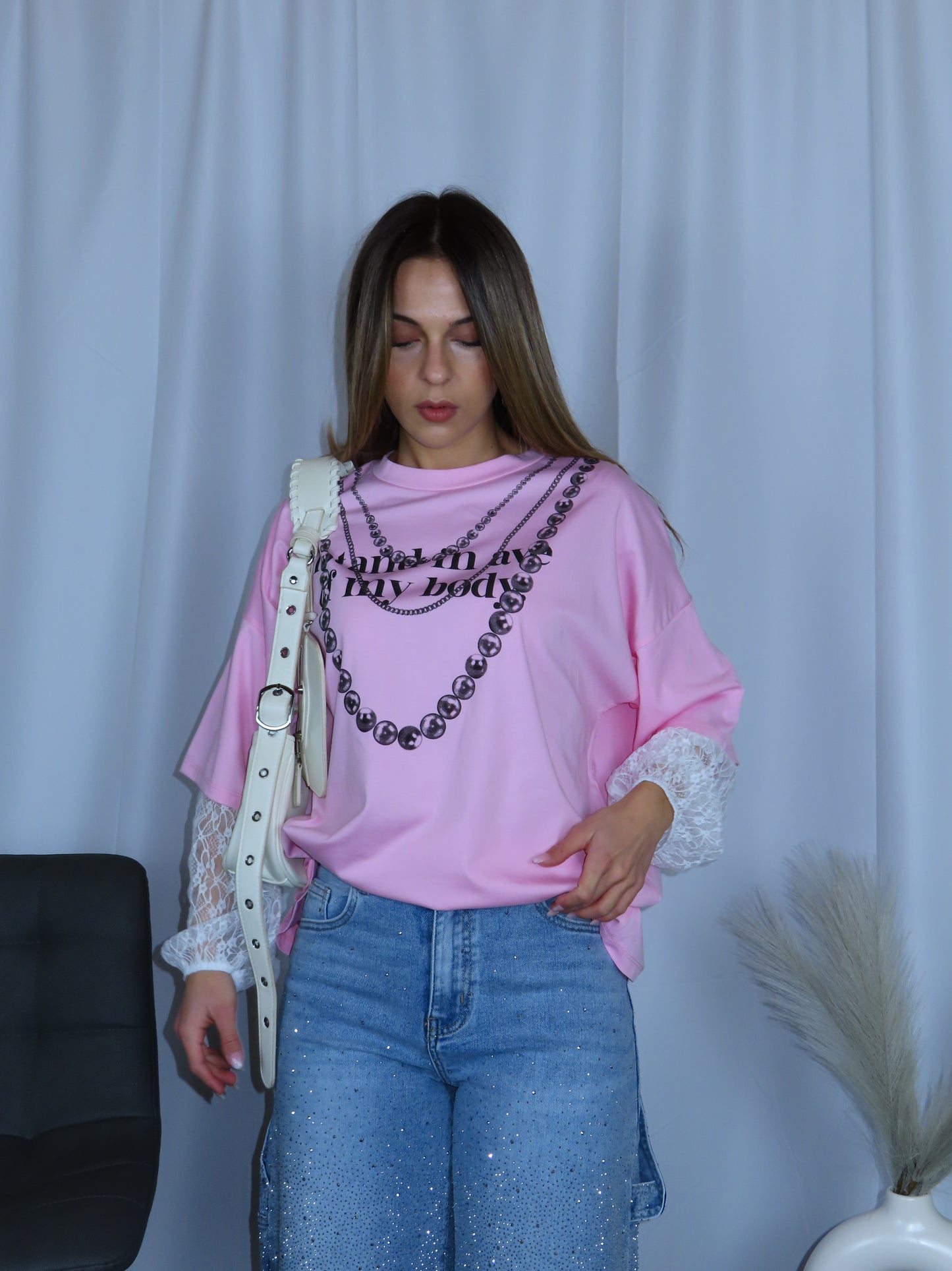 Lonsgsleeve pink donna maniche pizzo vista frontale