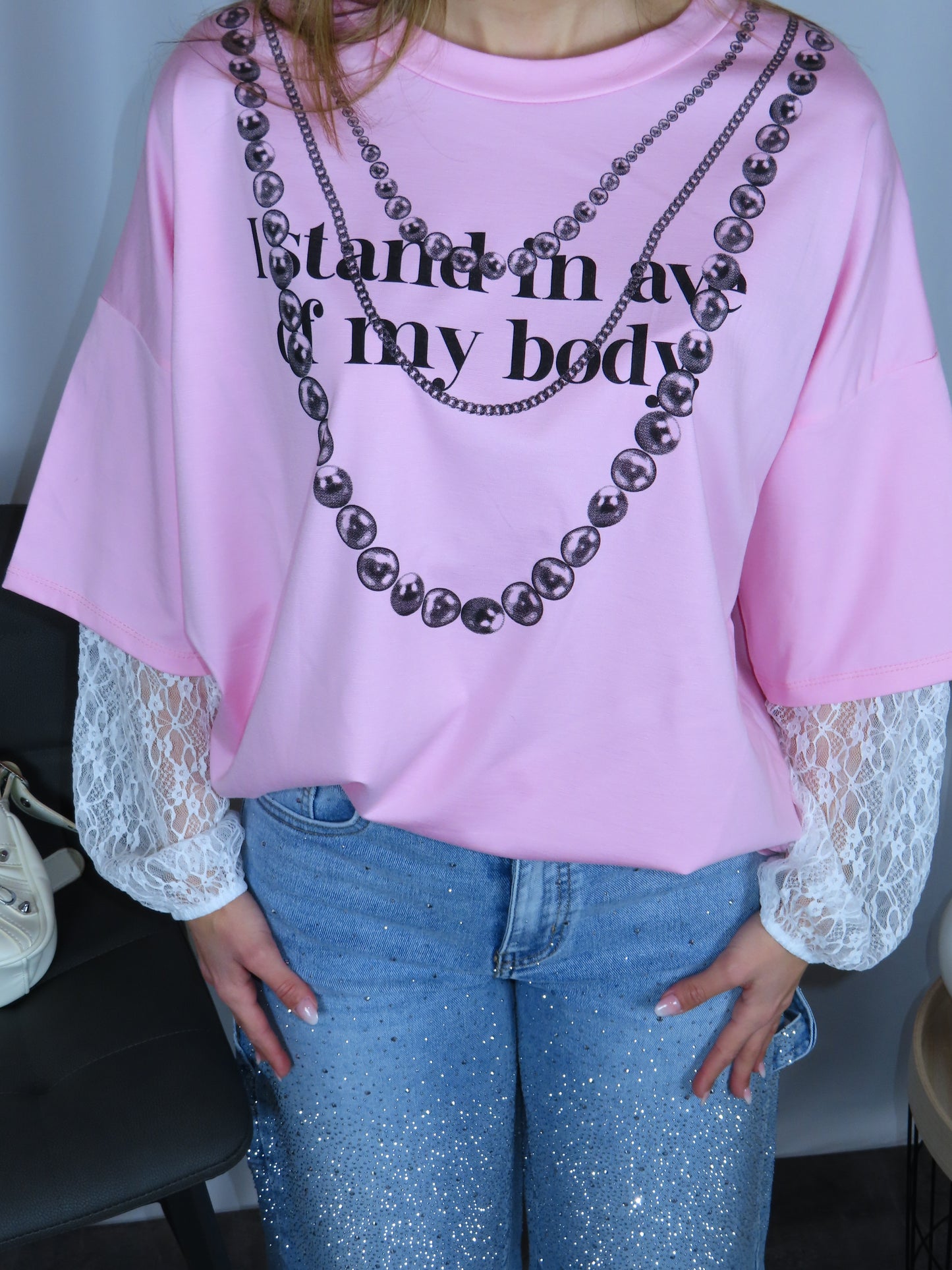 Longsleeve pink donna rosa primo piano dettaglio pizzo maniche