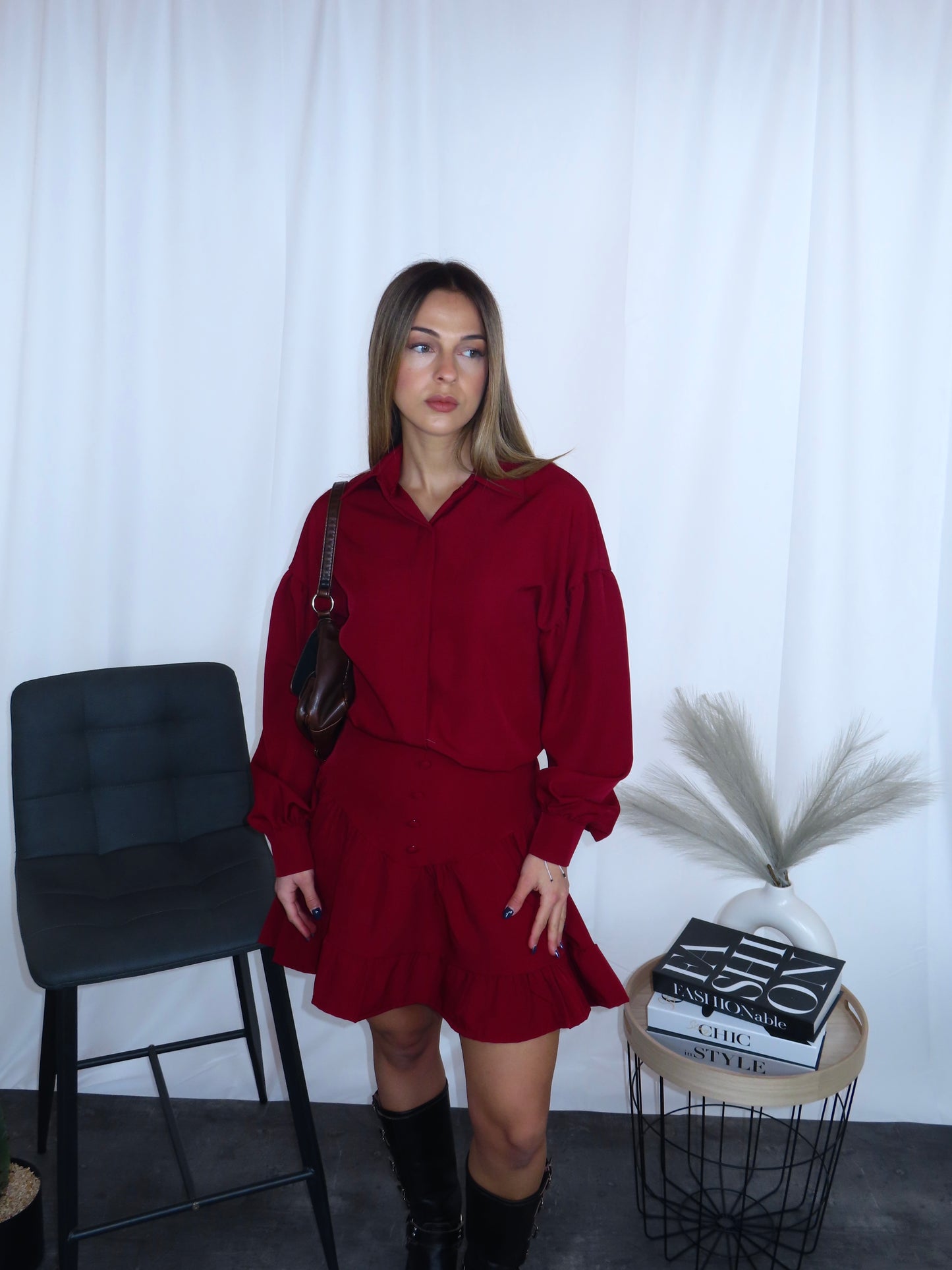 Coordinato red adorable donna camicia gonna vista frontale