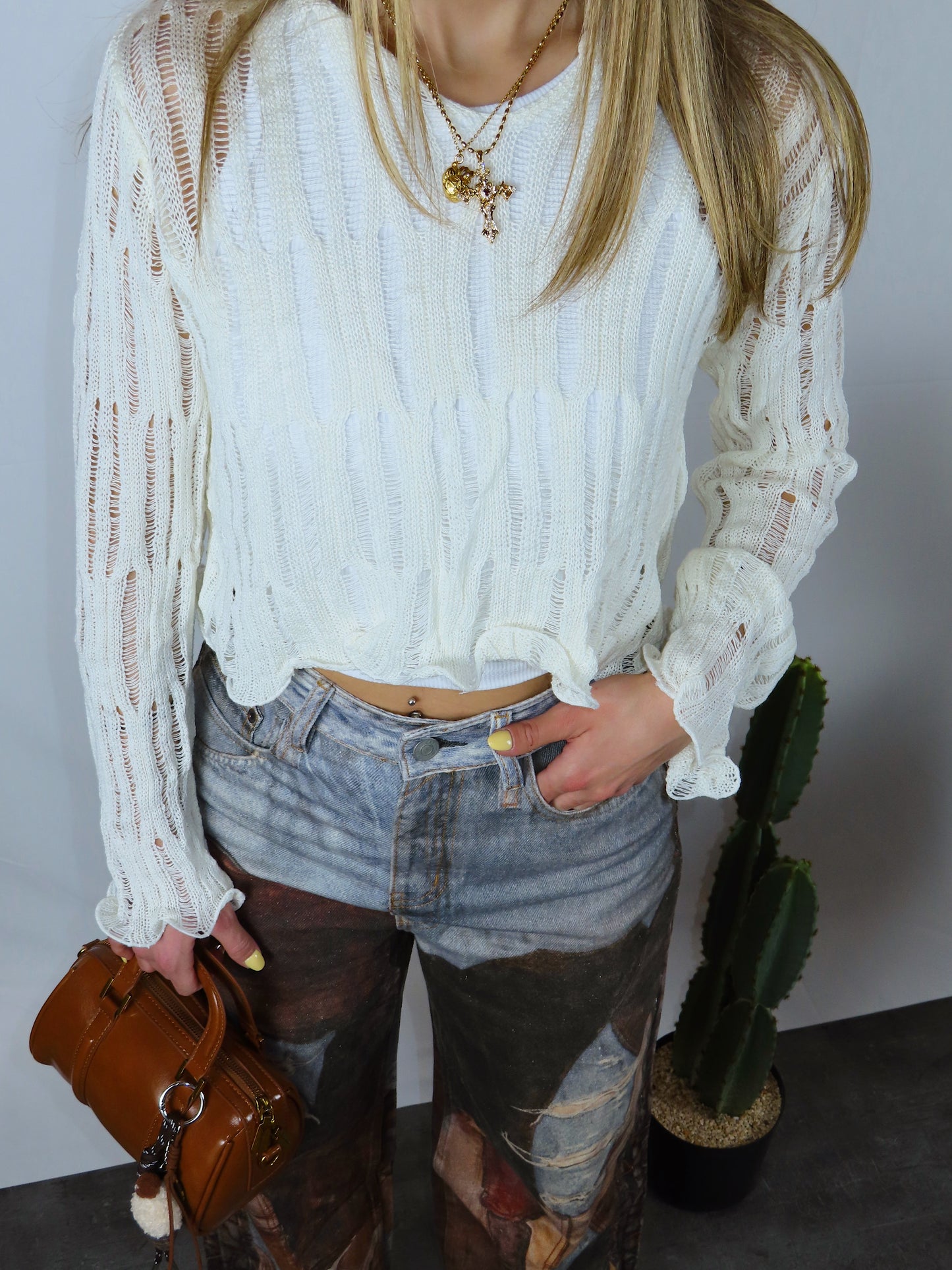 Set cream donna canotta top maglia traforata vista frontale