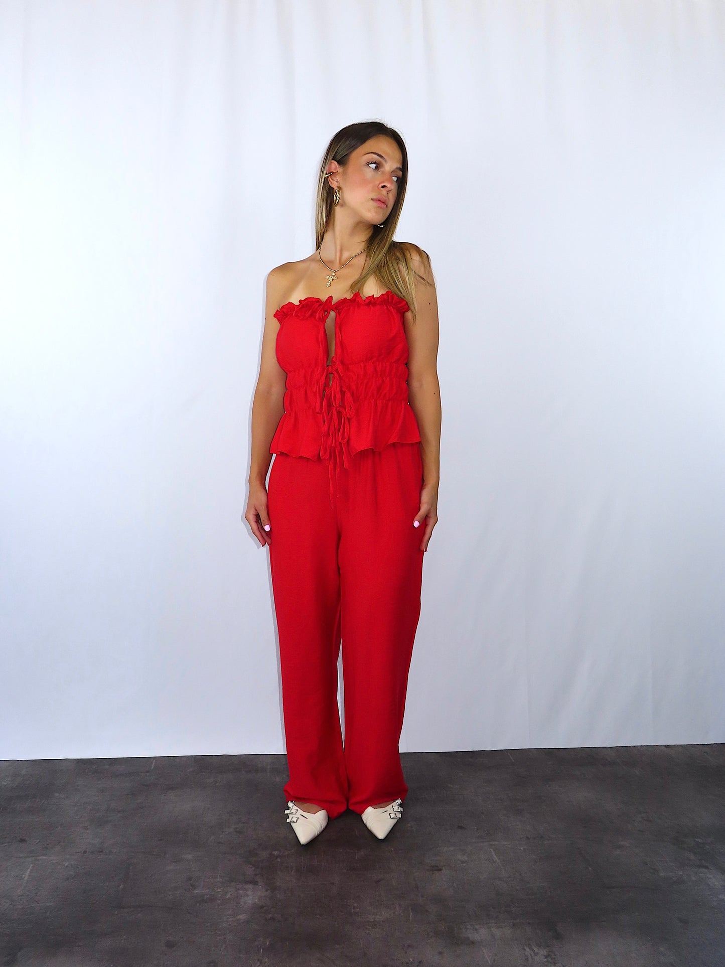 Set soft red donna rosso top coppe pantaloni leggeri vista frontale