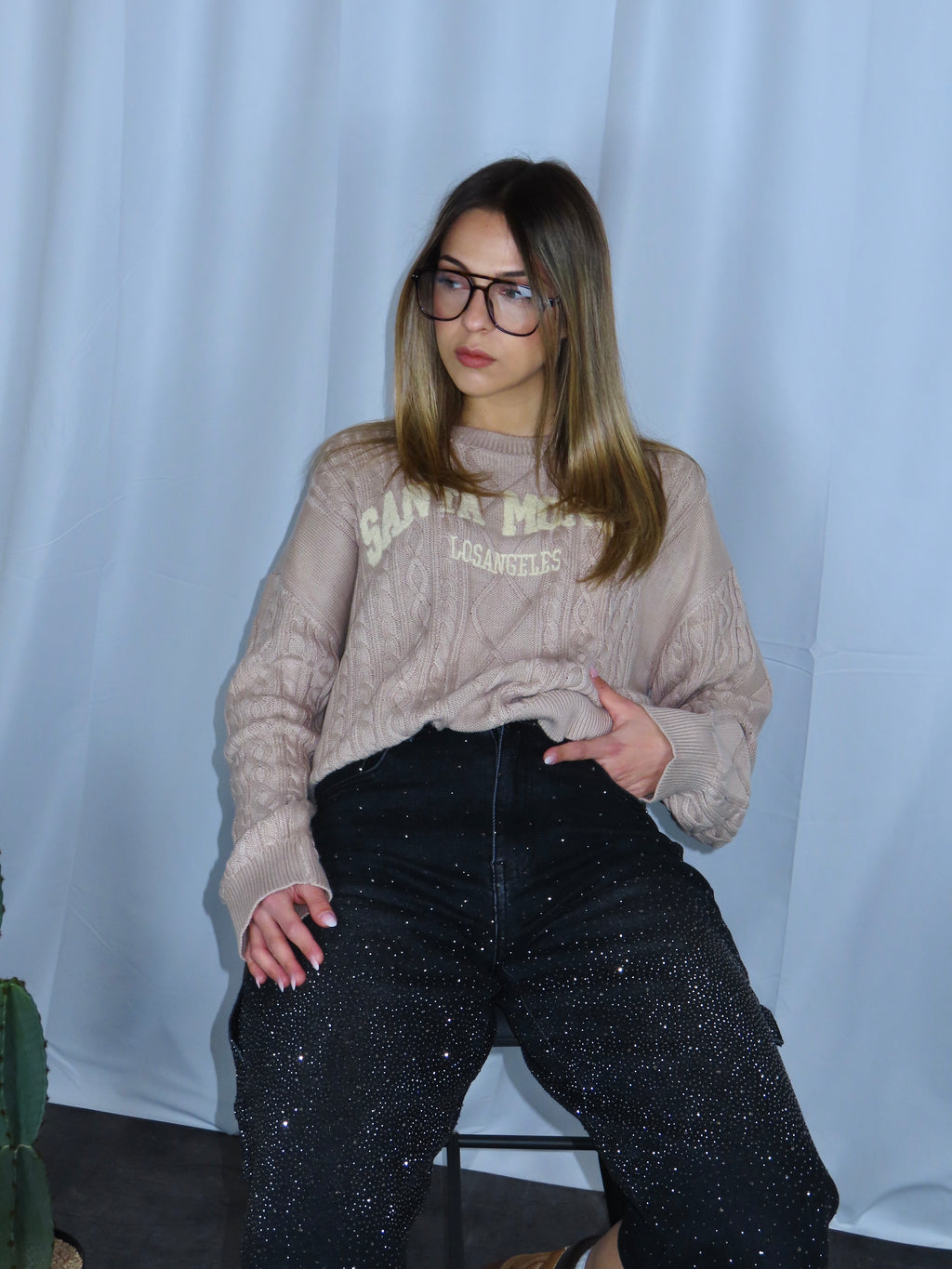 Pull Santa Monica beige donna vista frontale più vicina
