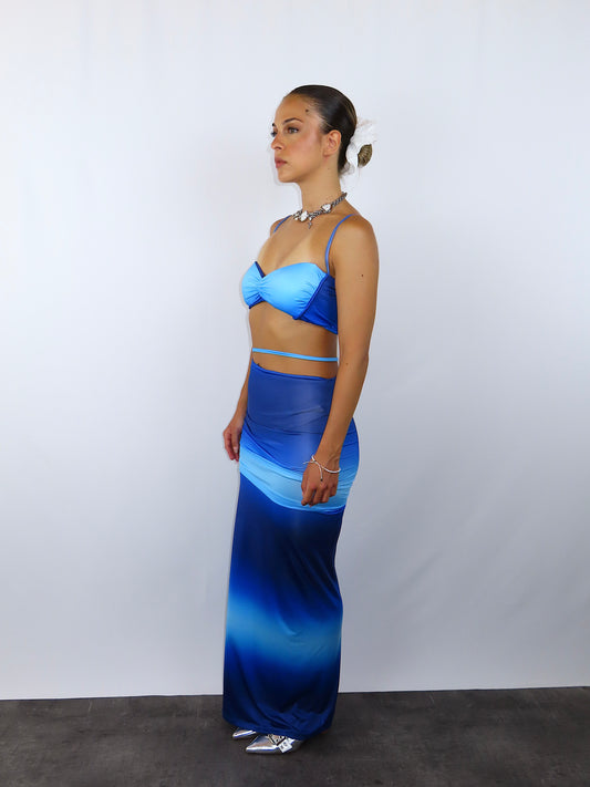 Cordset aura ocean donna blu top gonna sirena drappeggio vista laterale