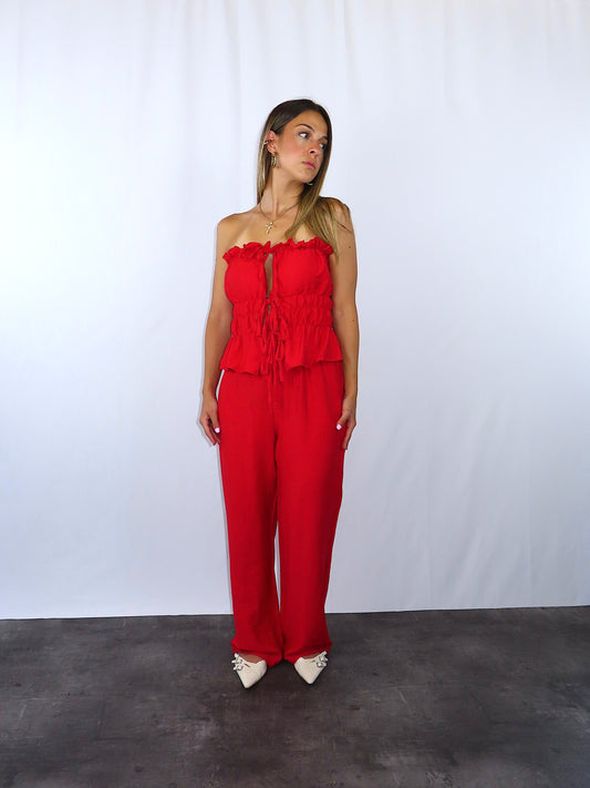 Set soft red donna rosso top coppe pantaloni leggeri vista frontale